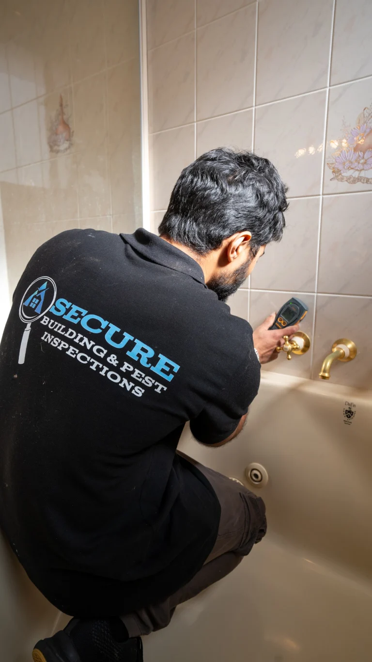 Inspector checking bathroom tapware and wall tiles