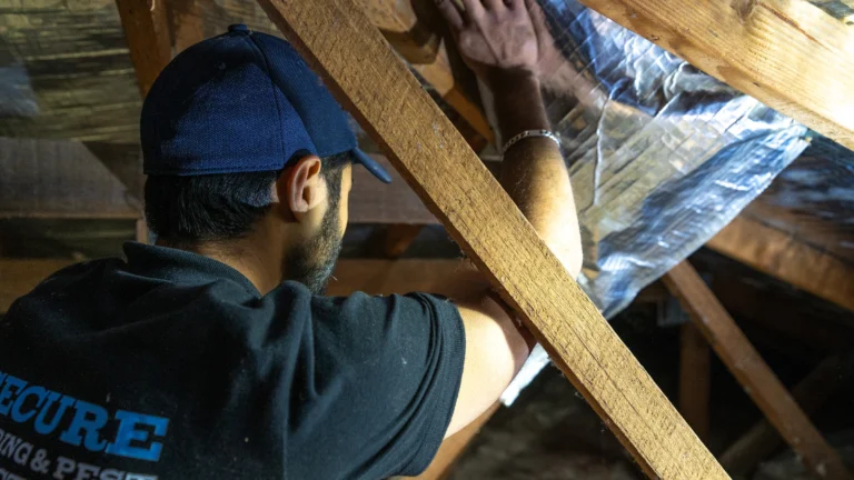 Inspector checking roof framing and sarking in a roof space
