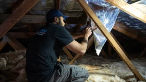 Inspector working through a roof space during a building inspection
