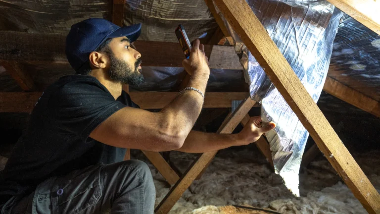 Inspector photographing roof framing in a roof space
