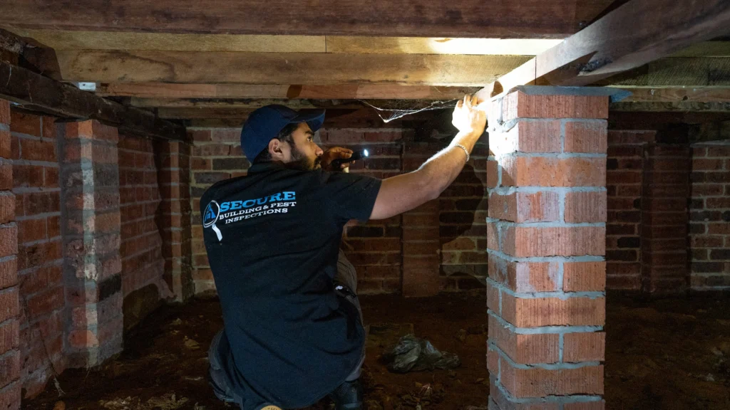 Inspector examining brick piers and timbers in a subfloor
